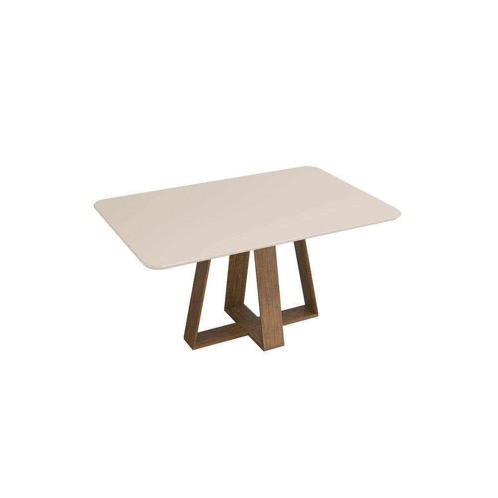 Mesa De Jantar Kiara Tampo Chanfrado Curvo Madeira E Vidro Pintado Freijó Com Off White