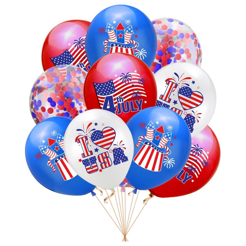 Kit de balões de 4 de julho, 10 peças de látex vermelho, branco e azul com confete