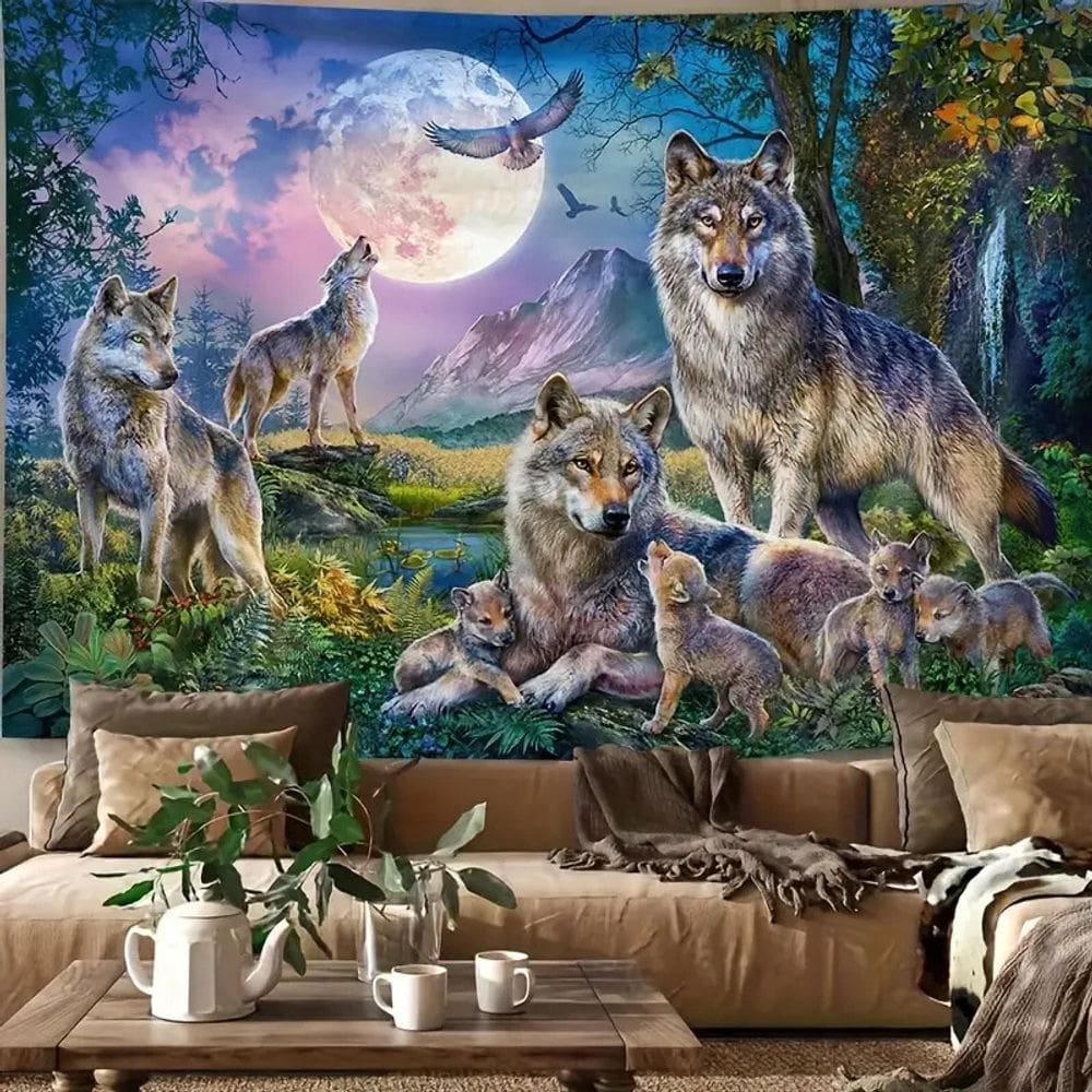 Tapeçaria para pendurar na parede Moonlight Nature Wolf Family 150x130cm