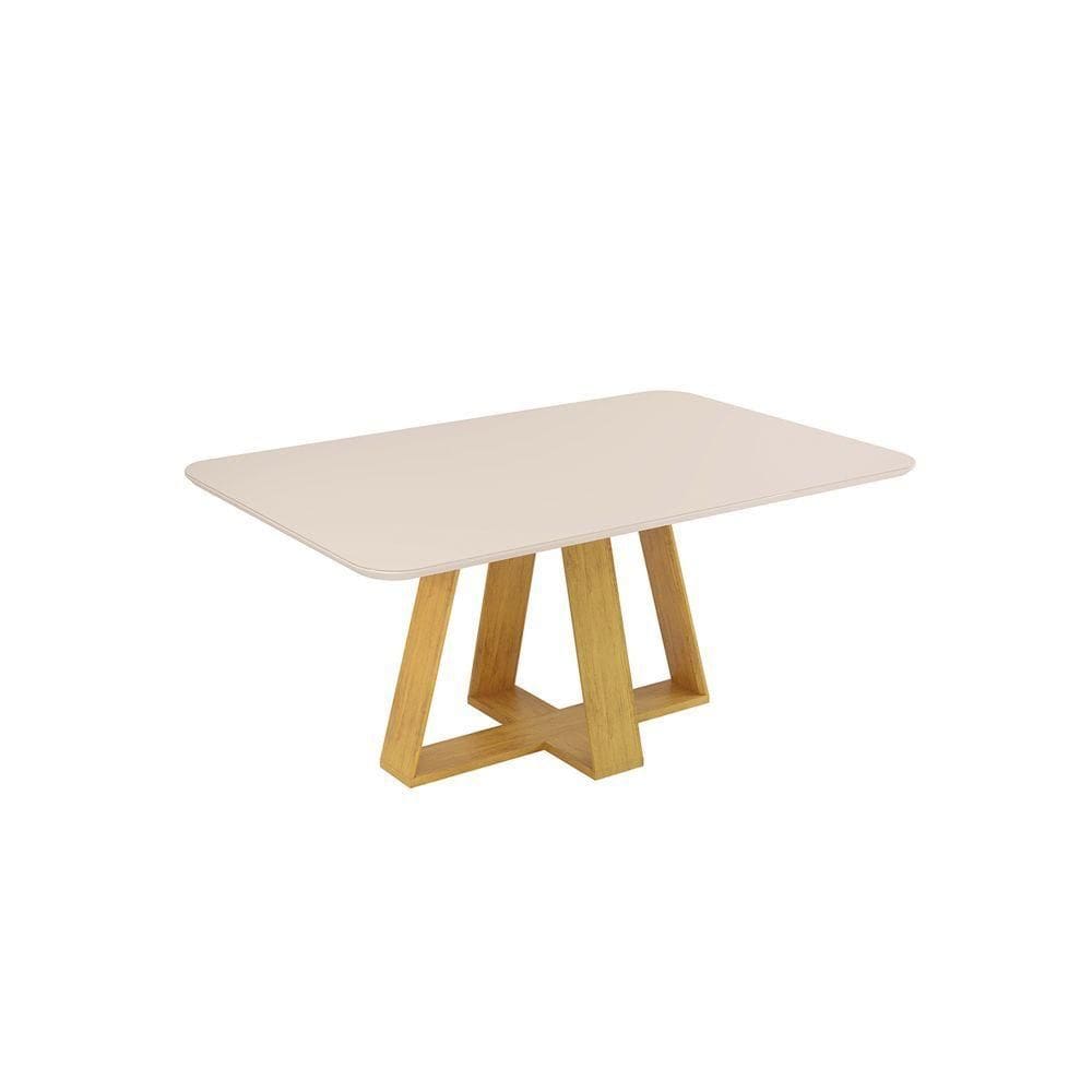 Mesa De Jantar Kiara Tampo Chanfrado Curvo Madeira E Vidro Pintado Cedro Com Off White
