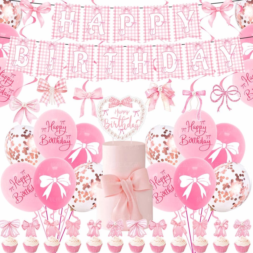 Conjunto de decorações de festa com tema de laço rosa, 44 unidades de festa de aniversário
