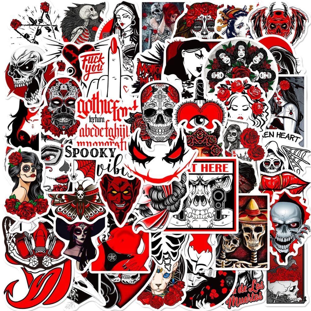 Adesivos Gothic Horror, 50 peças, vermelho e preto, estilo punk, deca