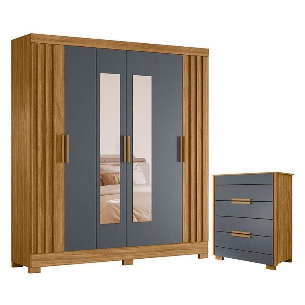 Guarda Roupa Casal Valença Com Espelho E Cômoda Dhara Freijó Cinza - Moval