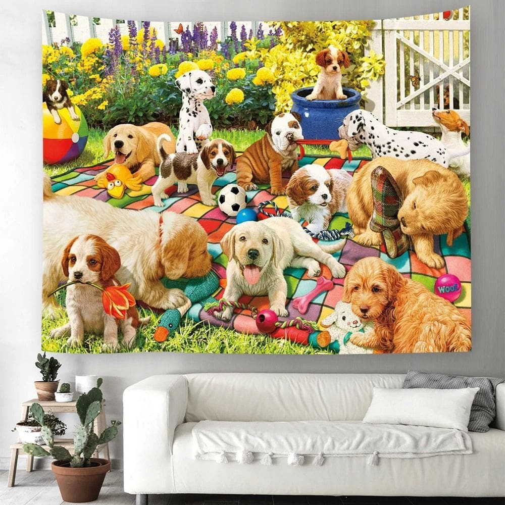 Tapeçaria pendurada na parede Cute Puppy Cartoon Dogs 150 cm x 130 cm