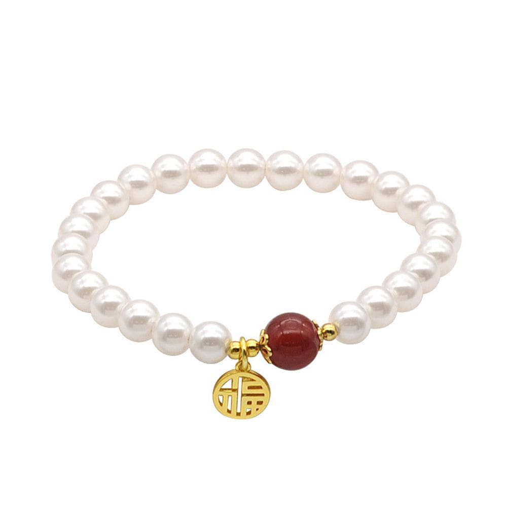 Pulseira Pearl com ágata vermelha e amuleto da sorte para mulheres
