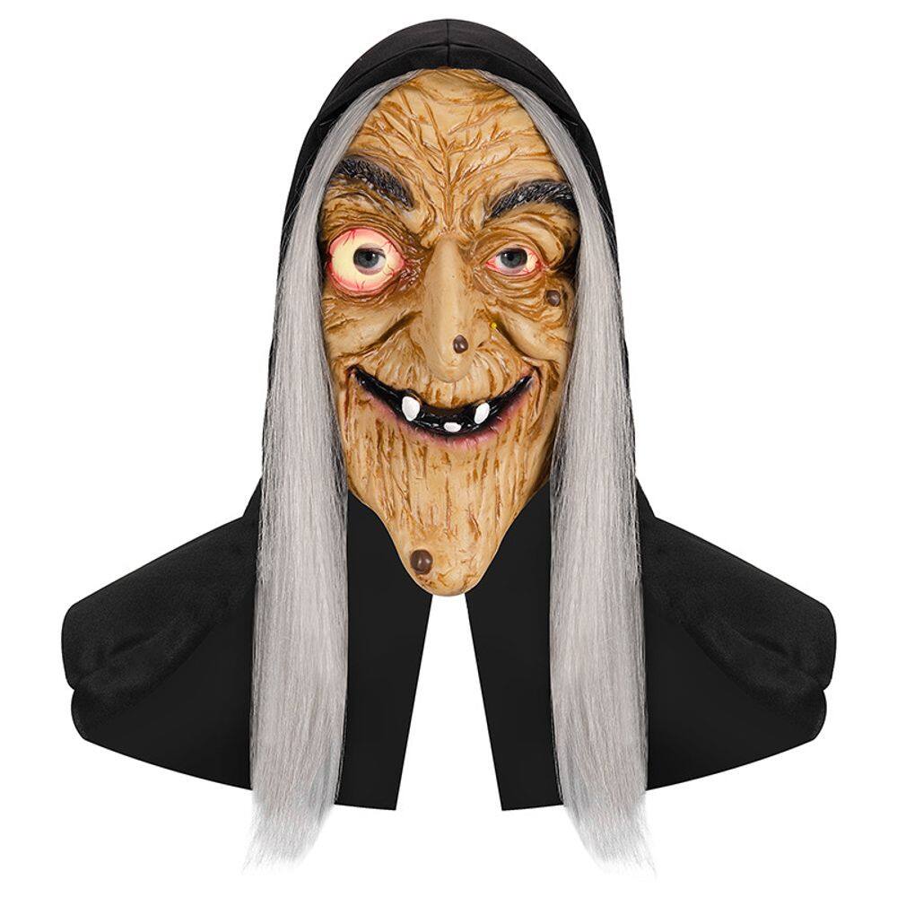 Máscara de rosto de resina de bruxa assustadora com cabelos brancos para cosplay de Halloween