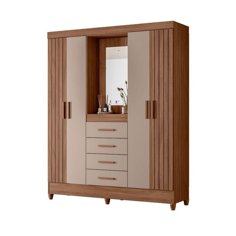 Guarda Roupa Atenas Quarto Casal 4 Portas 4 Gavetas Espelho Carvalho Com Fendi