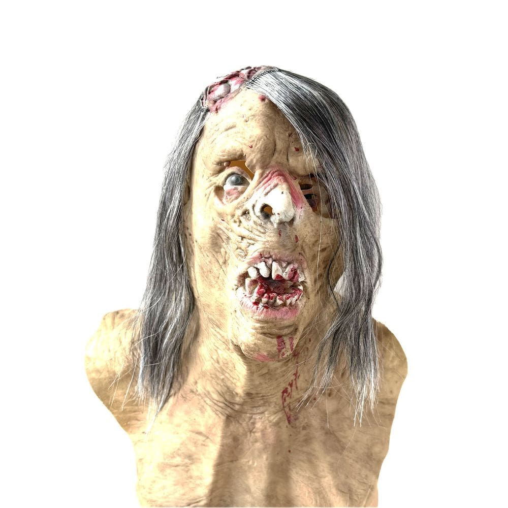 Máscara de zumbi assustadora com rosto distorcido e carne podre