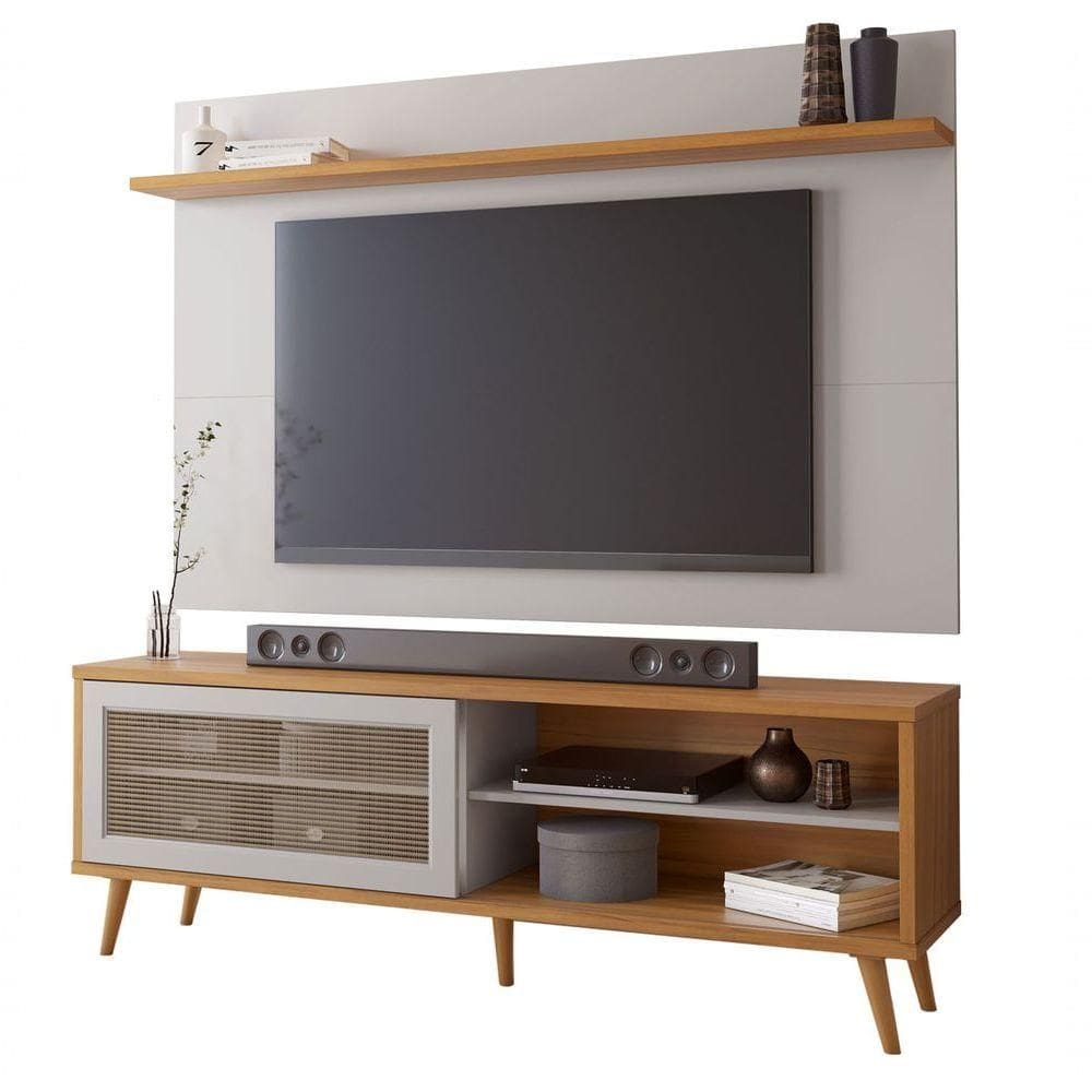 Rack Com Painel Arkansas Off White Com Freijó - Moveisaqui