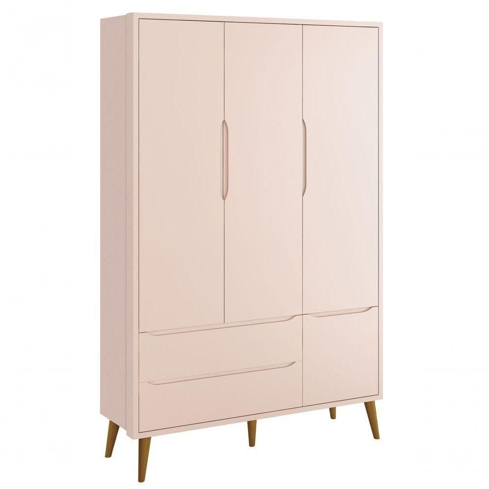 Guarda-roupa Retrô 3 Portas Théo New Rosa Fosco Com Madeira - Moveisaqui
