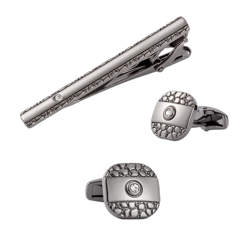 Conjunto de abotoaduras e clipes de gravata preto banhado a ródio com cristal