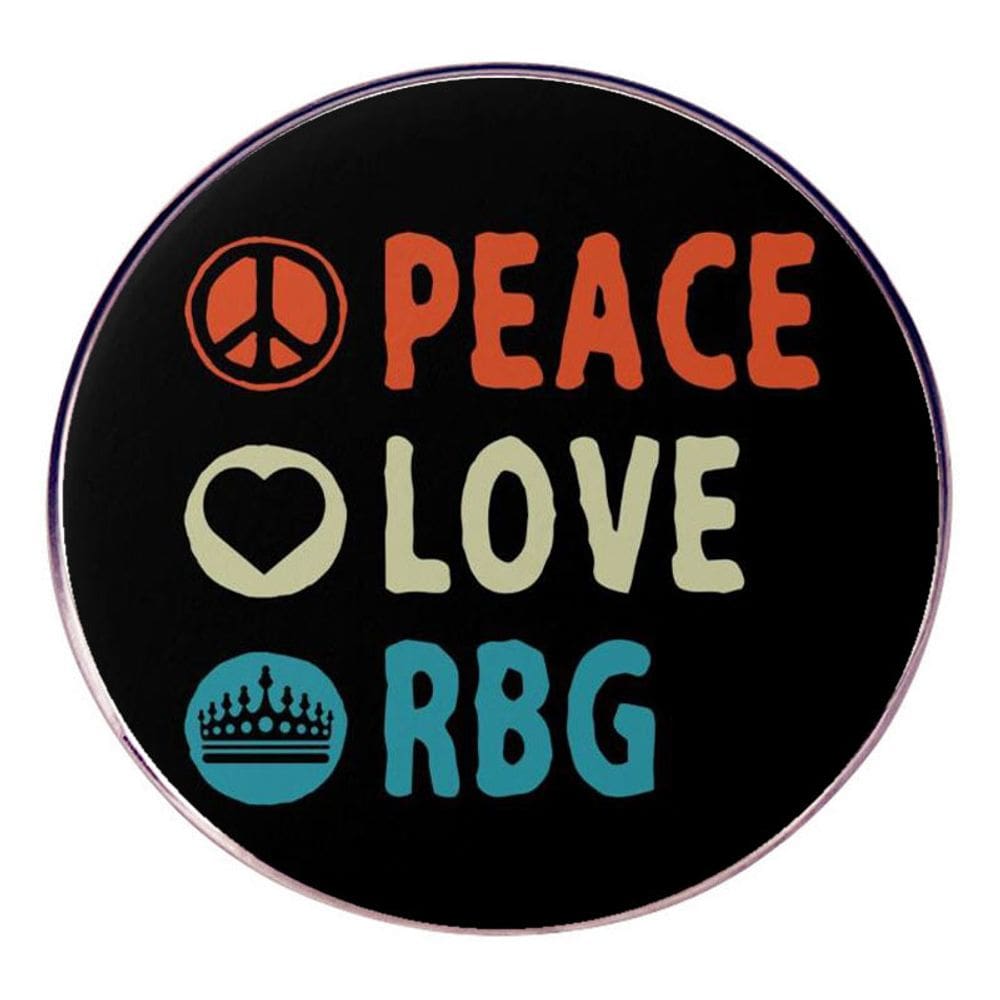 Broche Peace Love RBG redondo preto em liga feminista 3x3cm