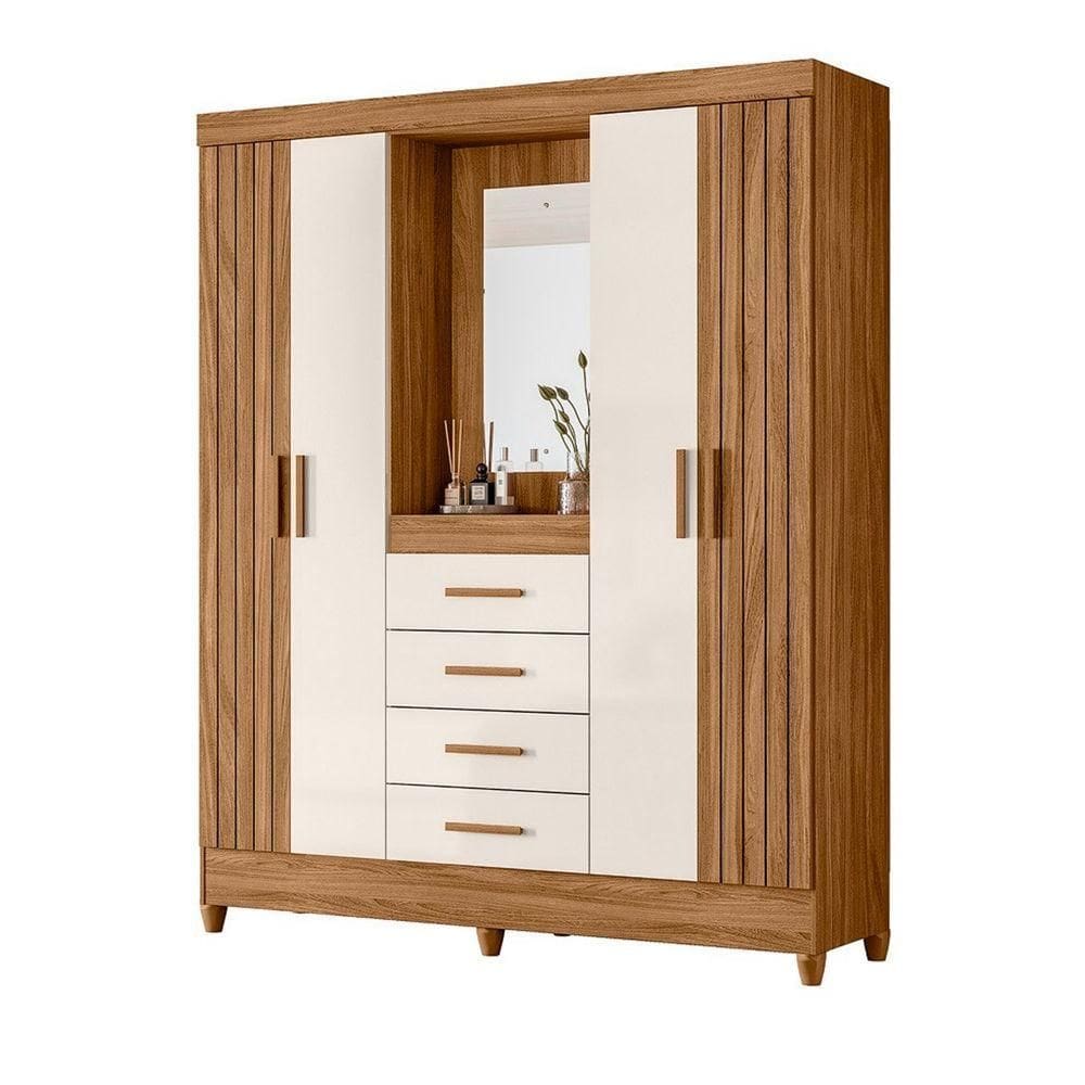 Guarda Roupa Atenas Quarto Casal 4 Portas 4 Gavetas Espelho Freijo Com Off White