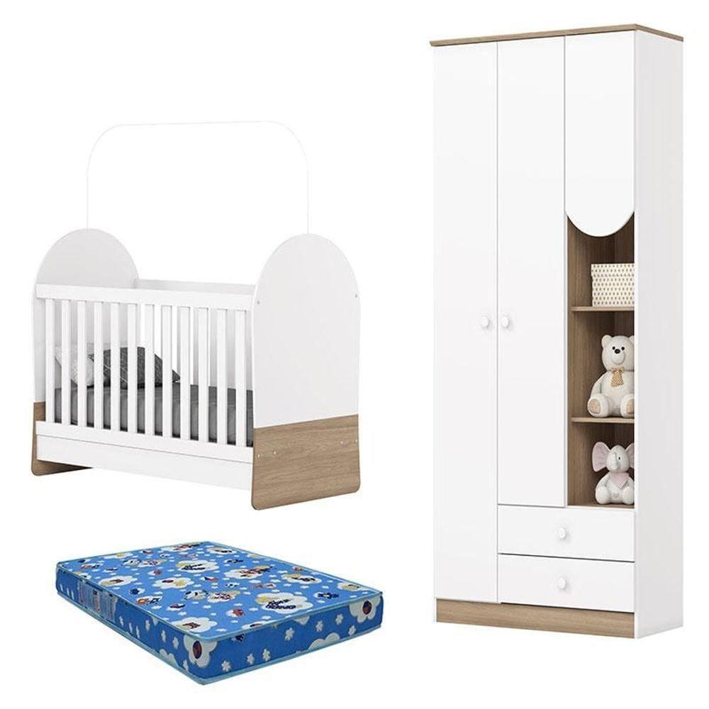 Guarda Roupa 3 Portas E Berço Mini Cama Magia Branco Jequitibá Com Colchão 130x60 Ortobom - Henn