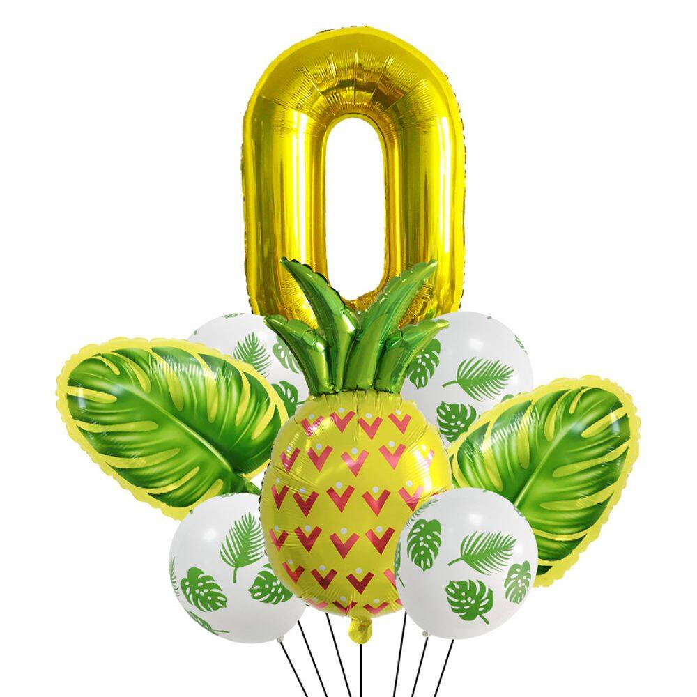 Conjunto de balões de abacaxi tropical e folhas verdes x8