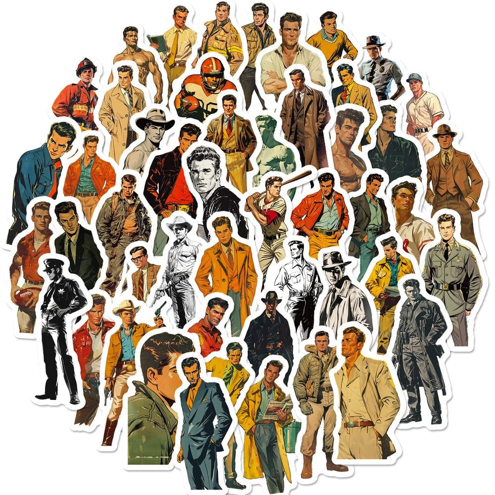 Pacote de adesivos masculinos retrô, 50 unidades, personagem vintage Cool Guy