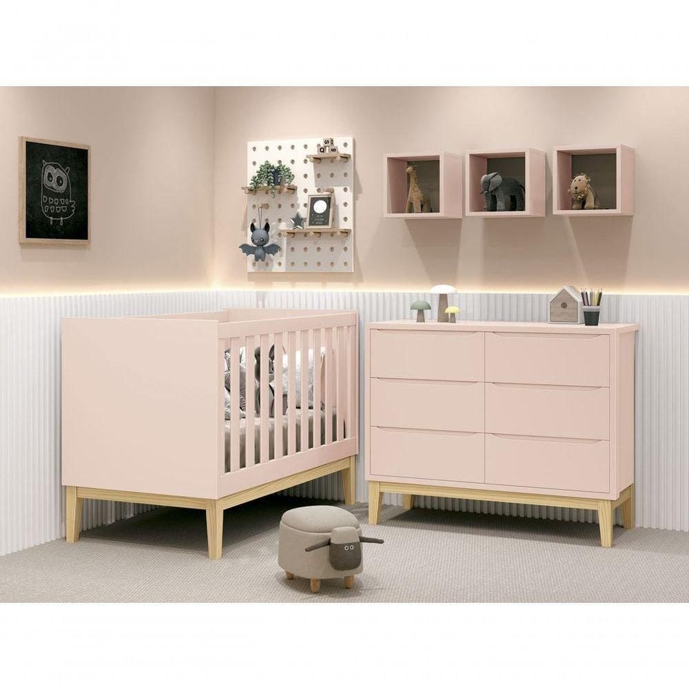 Jogo De Quarto Para Bebê Classic New Rosa Fosco Com Natural - Reller