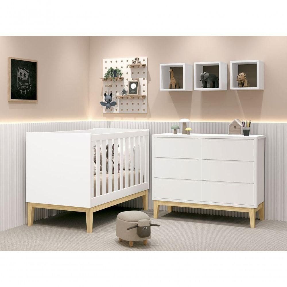 Jogo De Quarto Para Bebê Classic New Branco Fosco Com Natural - Moveisaqui