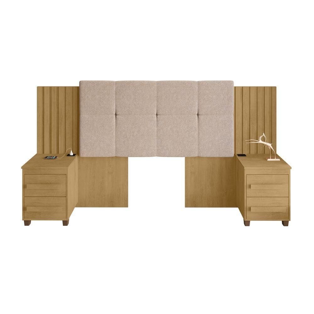 Cabeceira Casal Extensível Com 2 Mesas De Apoio Ripado E Estofado Cinamomo Suíça - Rv Móveis