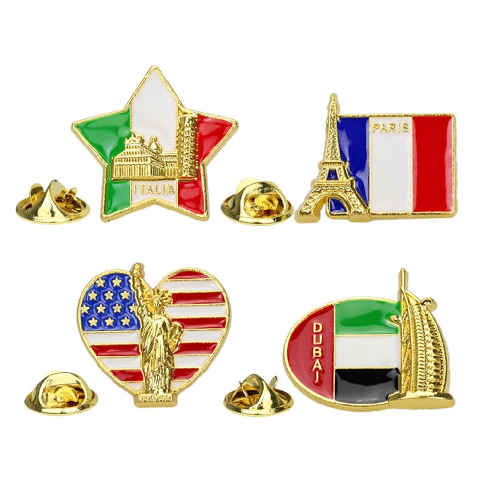 Conjunto de alfinetes de broche World Landmark Flag em liga dourada