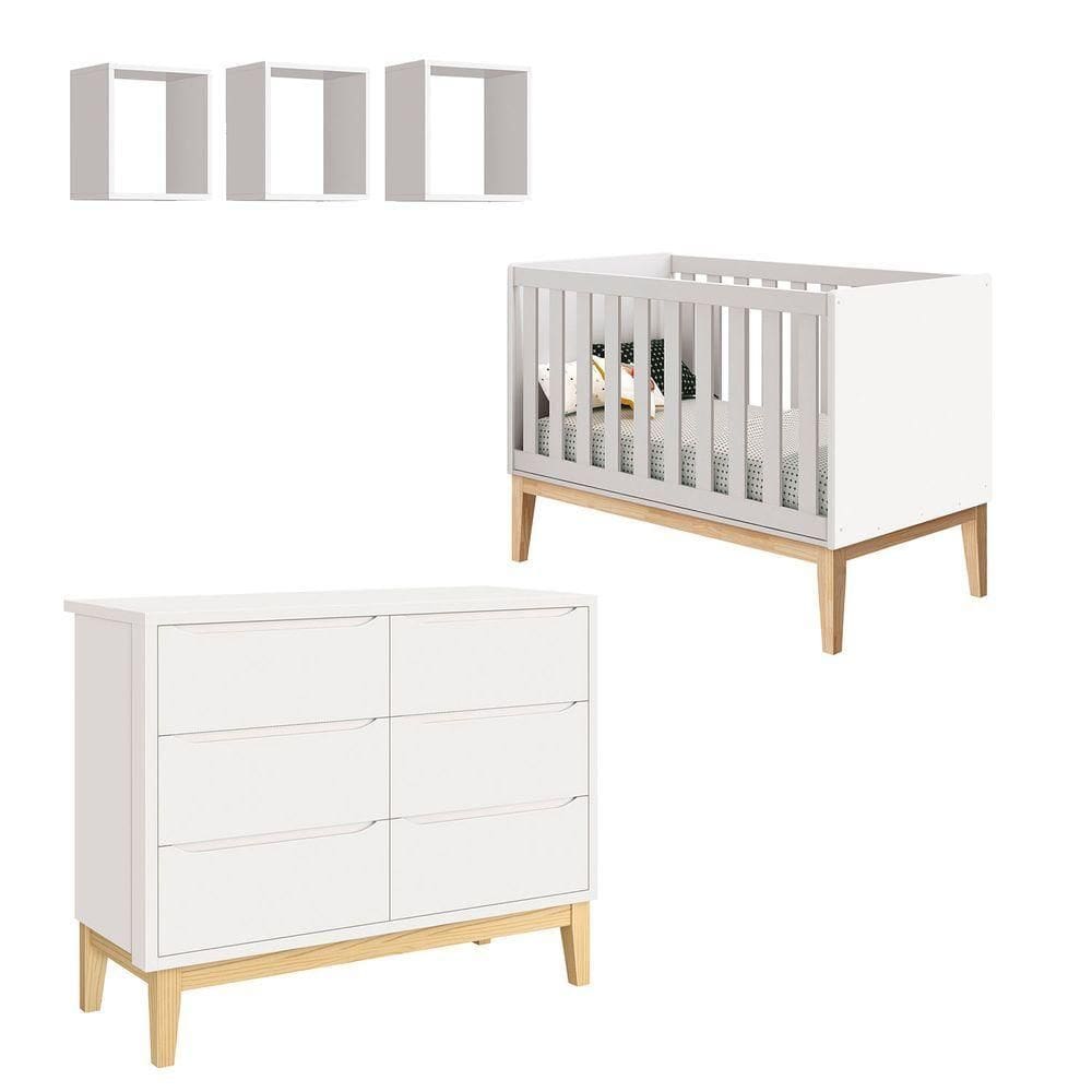 Jogo De Quarto Para Bebê Classic New Branco Fosco Com Natural - Reller