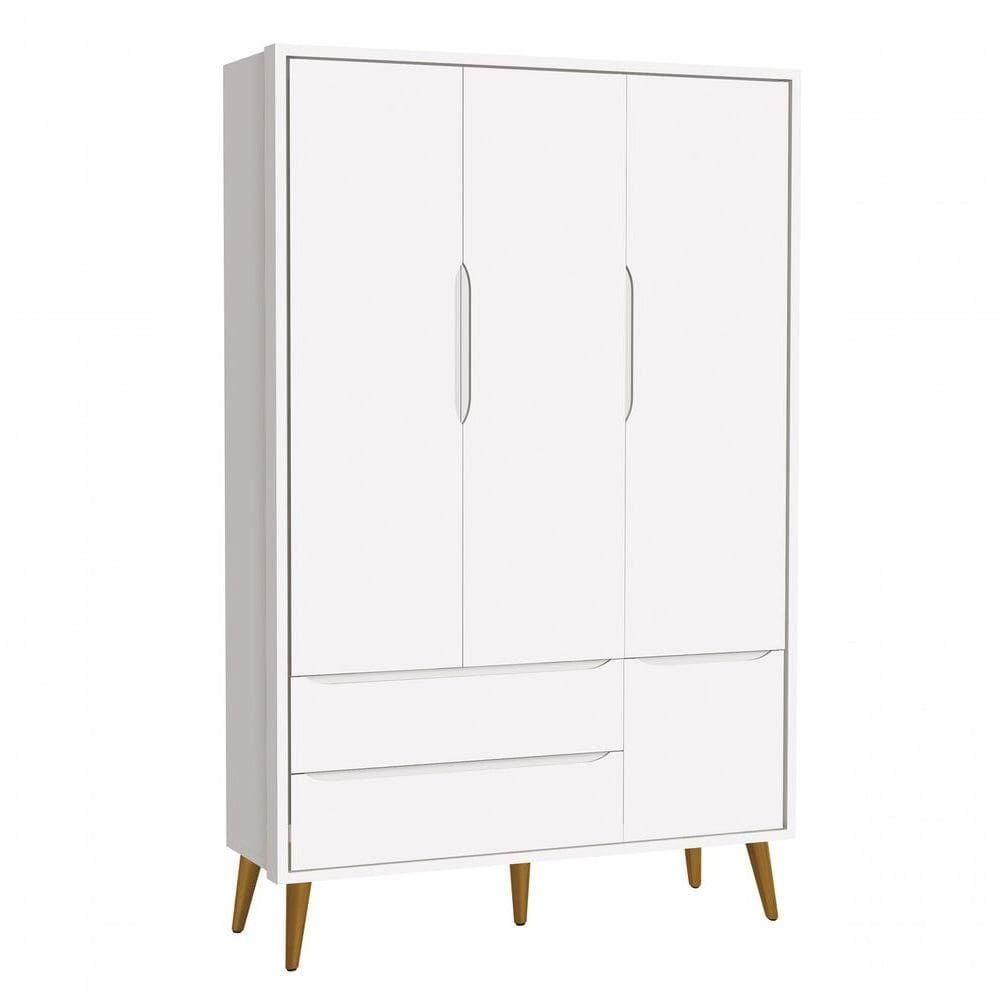 Guarda-roupa Retrô 3 Portas Théo New Branco Fosco Com Madeira - Moveisaqui