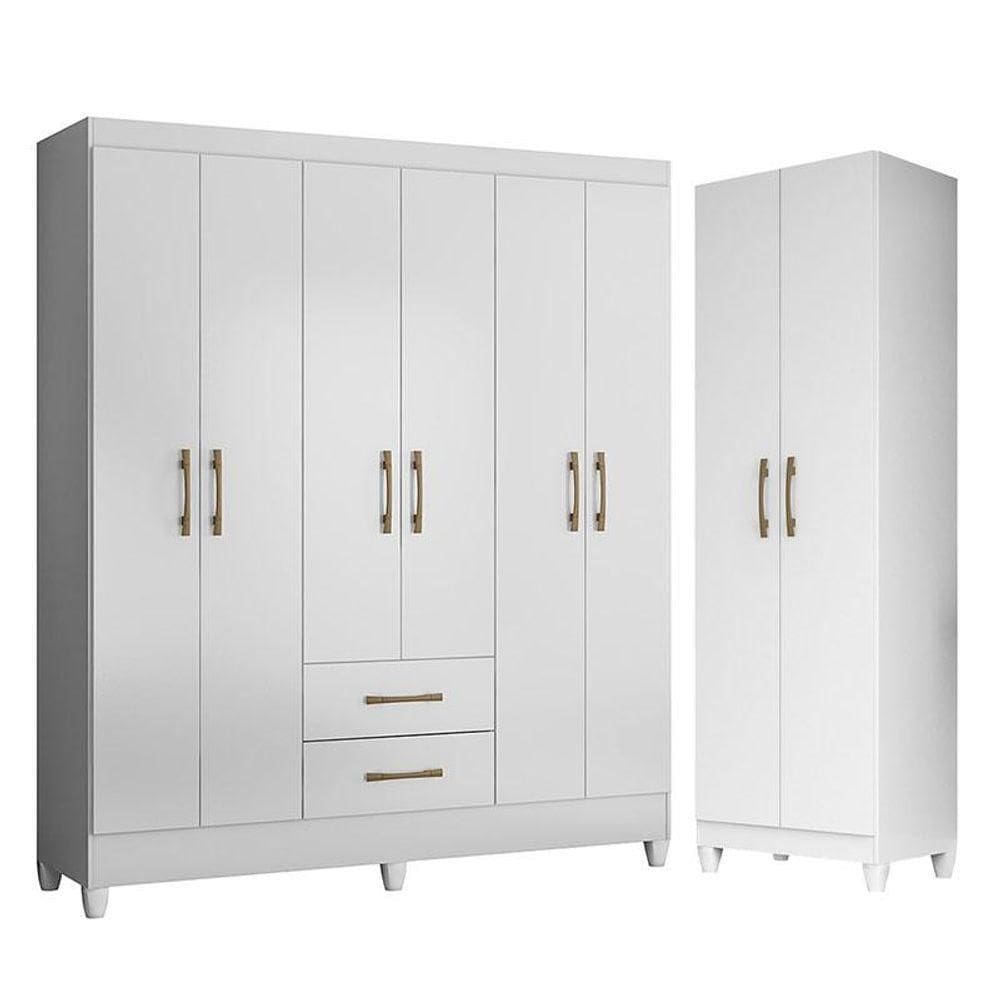 Guarda Roupa Casal Panamá E Armário Multiuso New Iris Branco Brilho - Moval