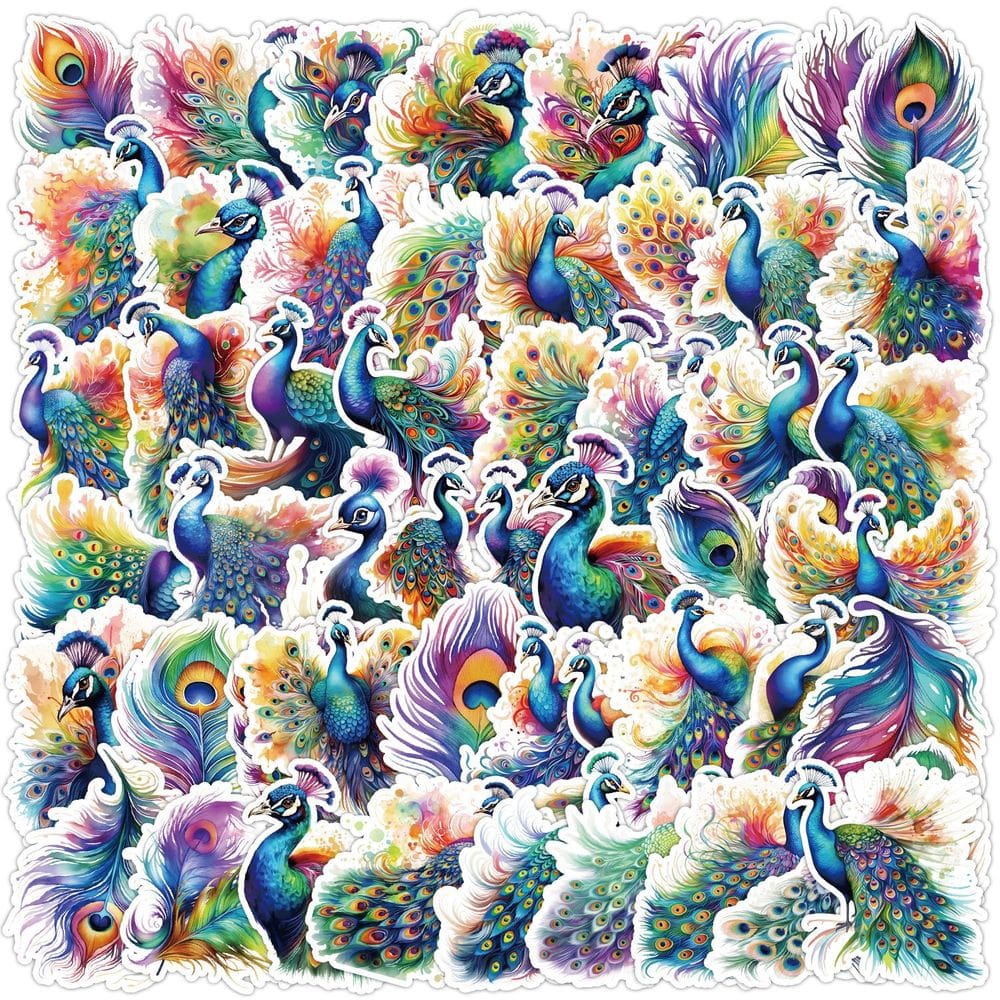 Pacote de adesivos Peacock, 50 unidades, decalques coloridos de penas de pássaros