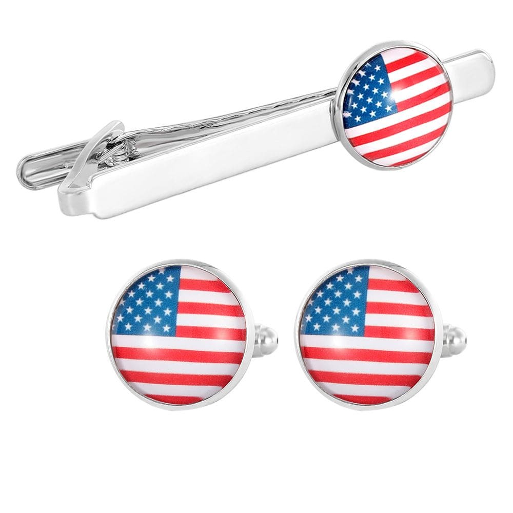 Conjunto de abotoaduras e barras de gravata para homens, bandeira patriótica americana