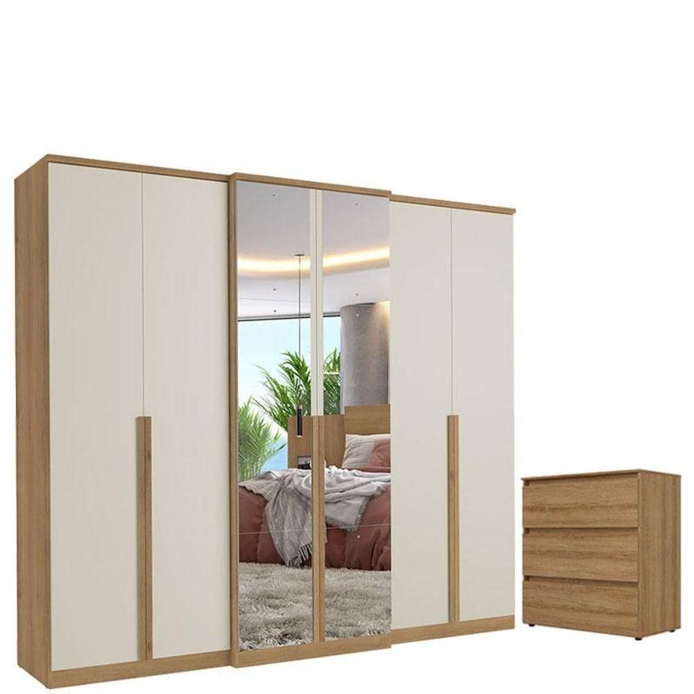 Guarda Roupa Casal Valência 6 Portas Full Glass Capuccino Off White Cômoda Gaveteiro Condessa Acetinado - Thb