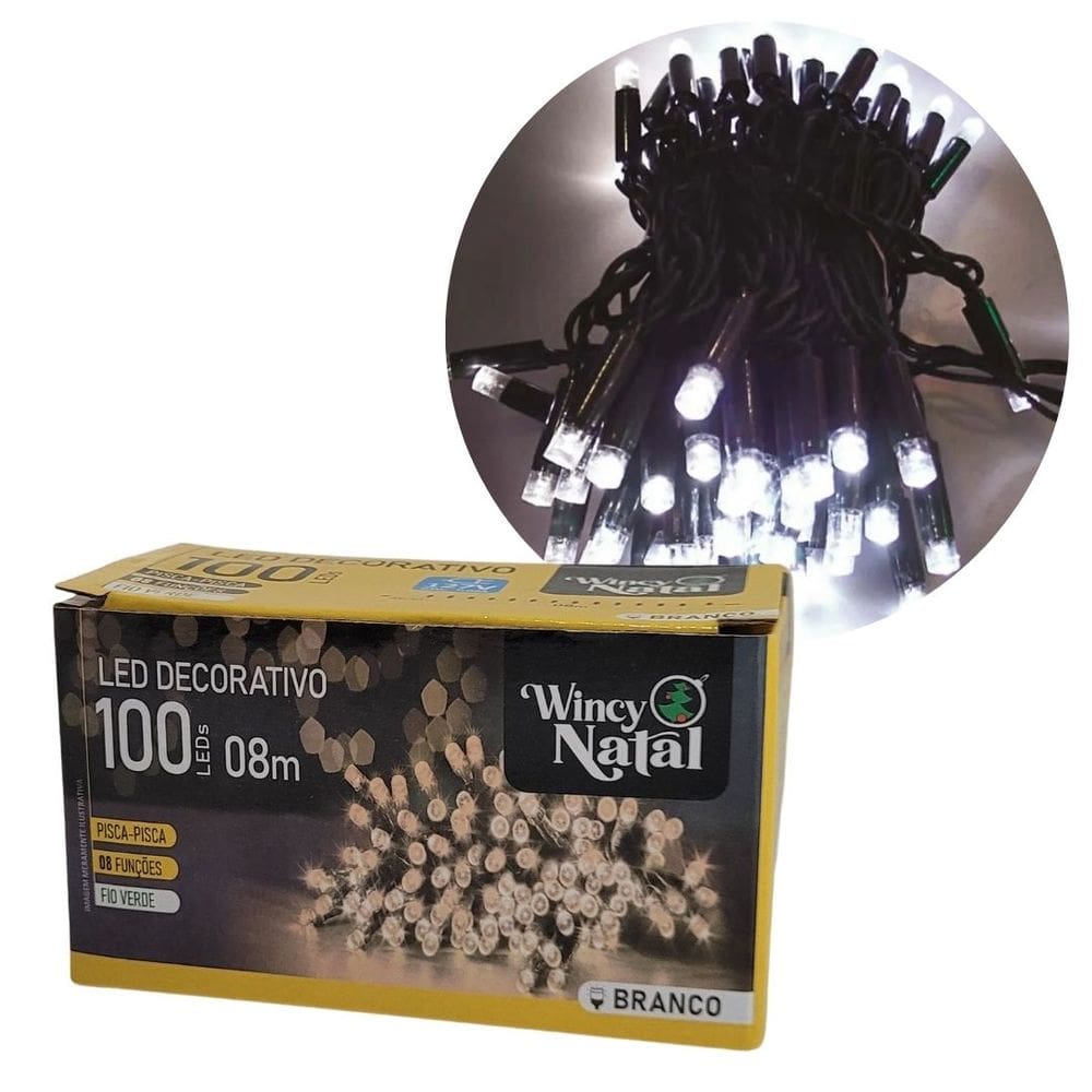 Pisca LED Branco Frio Sequencial 100 Lâmpadas 8 Funções Fio Verde 8 Metros 127V