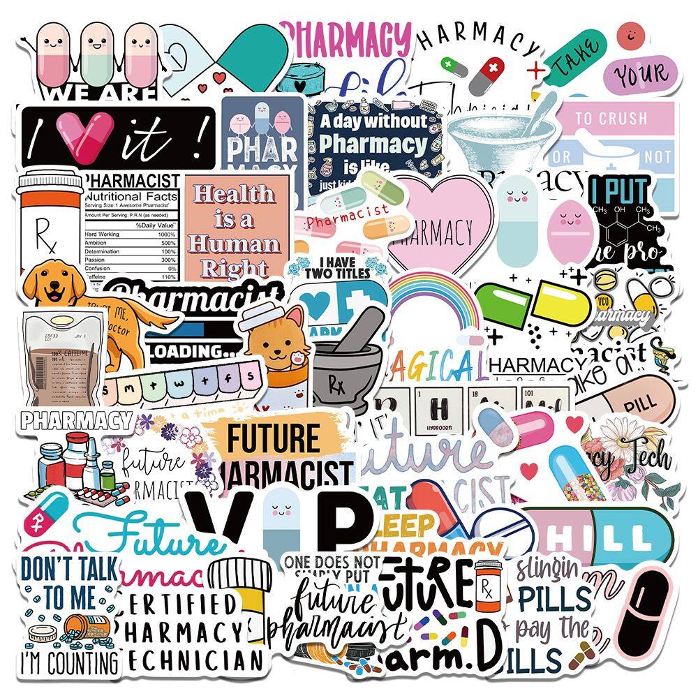 Pacote de adesivos com tema de farmácia, 50 unidades para estudantes de farmácia