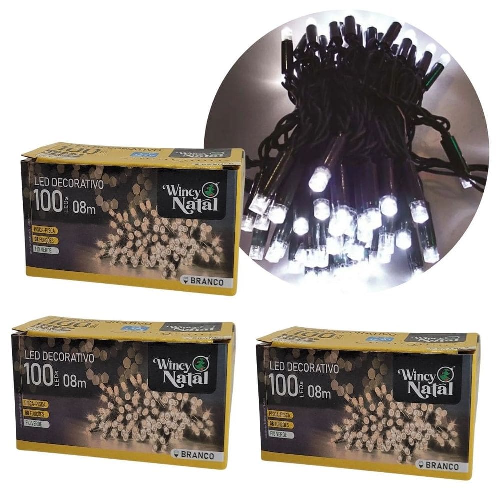 Kit 3 Piscas LED Branco Frio Sequencial 100 Lâmpadas 8 Funções Fio Verde 8 Metros 127V
