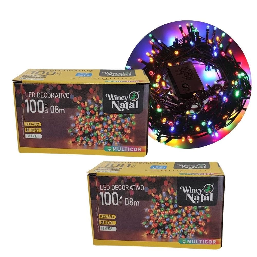 Kit 2 Piscas LED Colorido Sequencial 100 Lâmpadas 8 Funções Fio Verde 8 Metros 127V