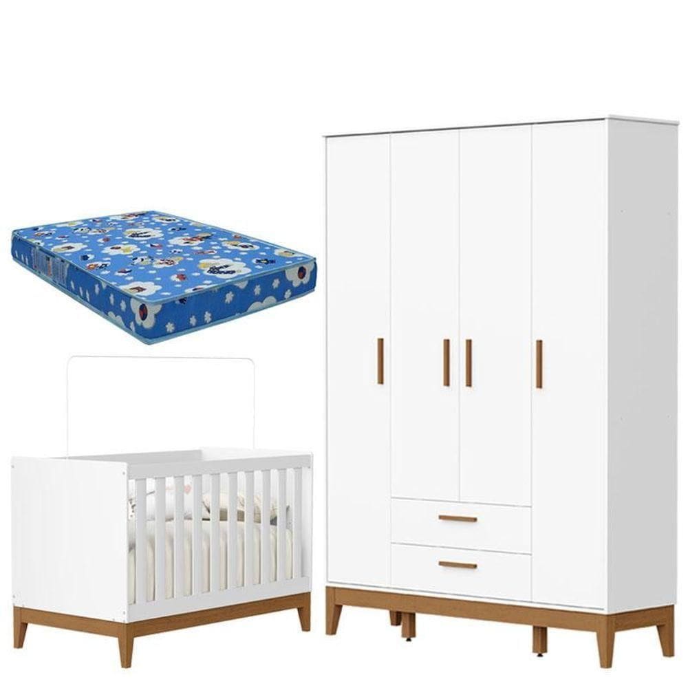 Guarda Roupa Infantil 4 Portas Com Berço Americano Flip Branco Acetinado Com Colchão Ortobom - Reller