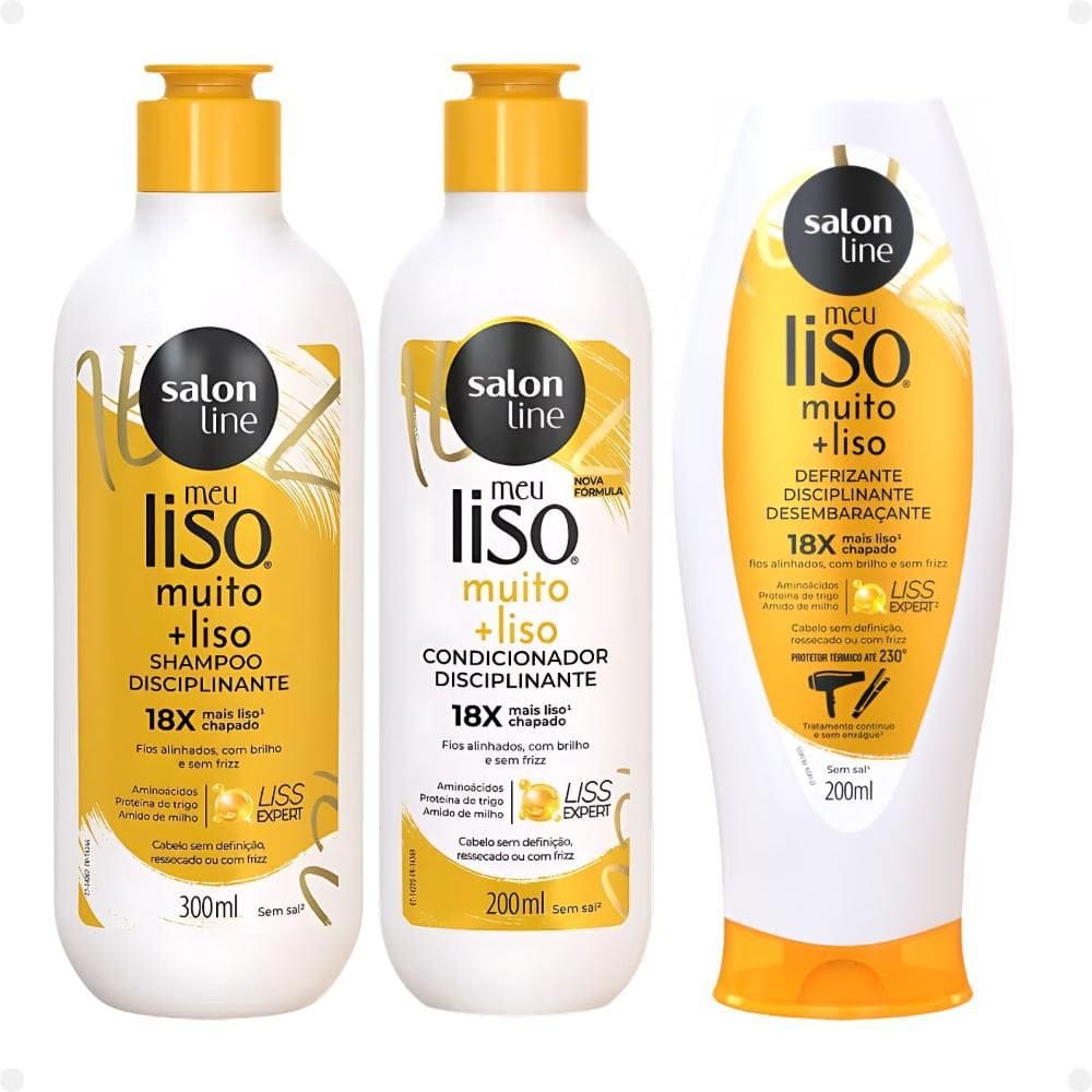 Kit Salon Line Meu Liso Muito + Liso Disciplinante: Shampoo 300ml e Condicionador 200ml + Defrizante Desembaraçante 200ml
