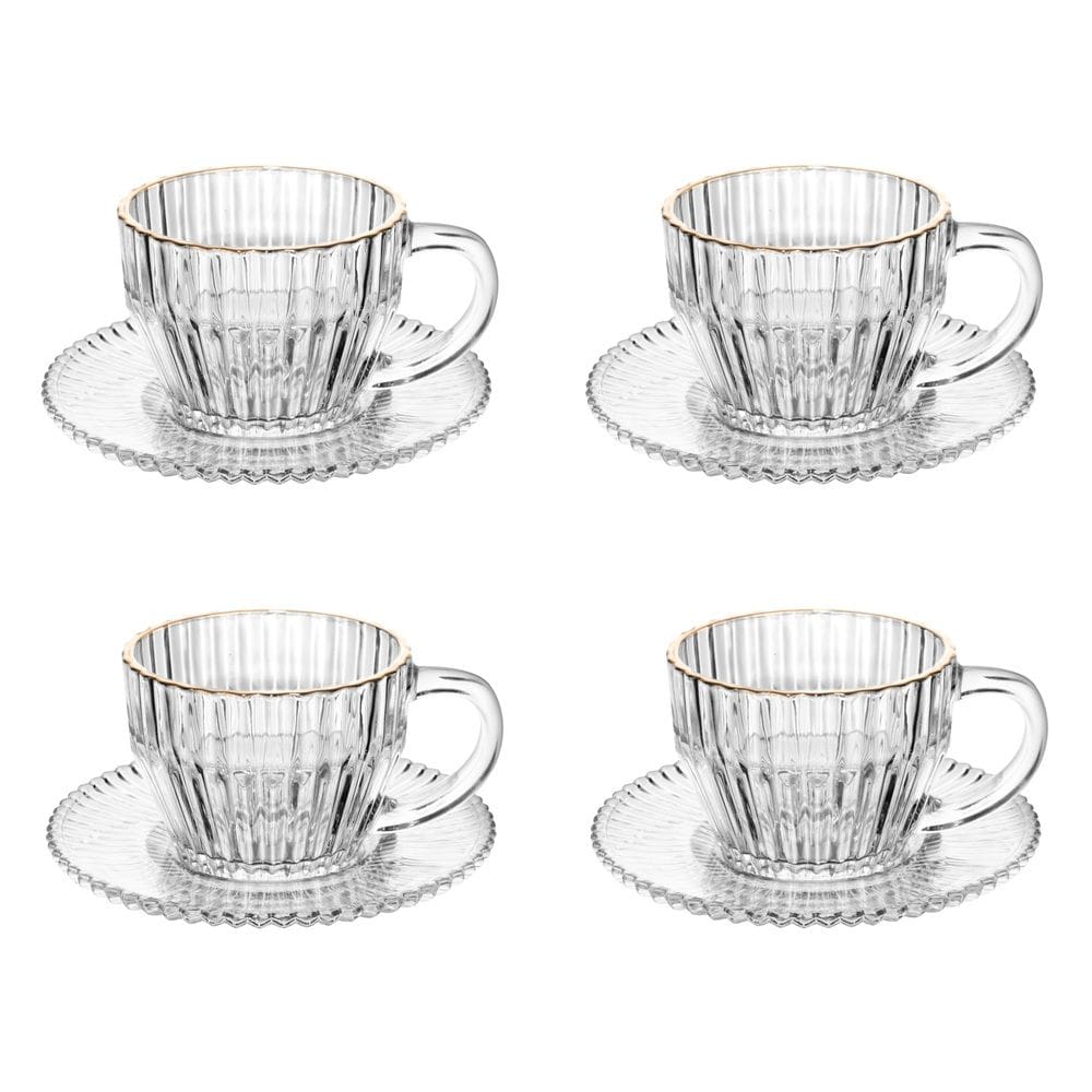 Cj 4 Xícaras P/Chá C/Pires de Cristal Canelado Imperatriz Transparente C/Fio de Ouro 220ml Wolff