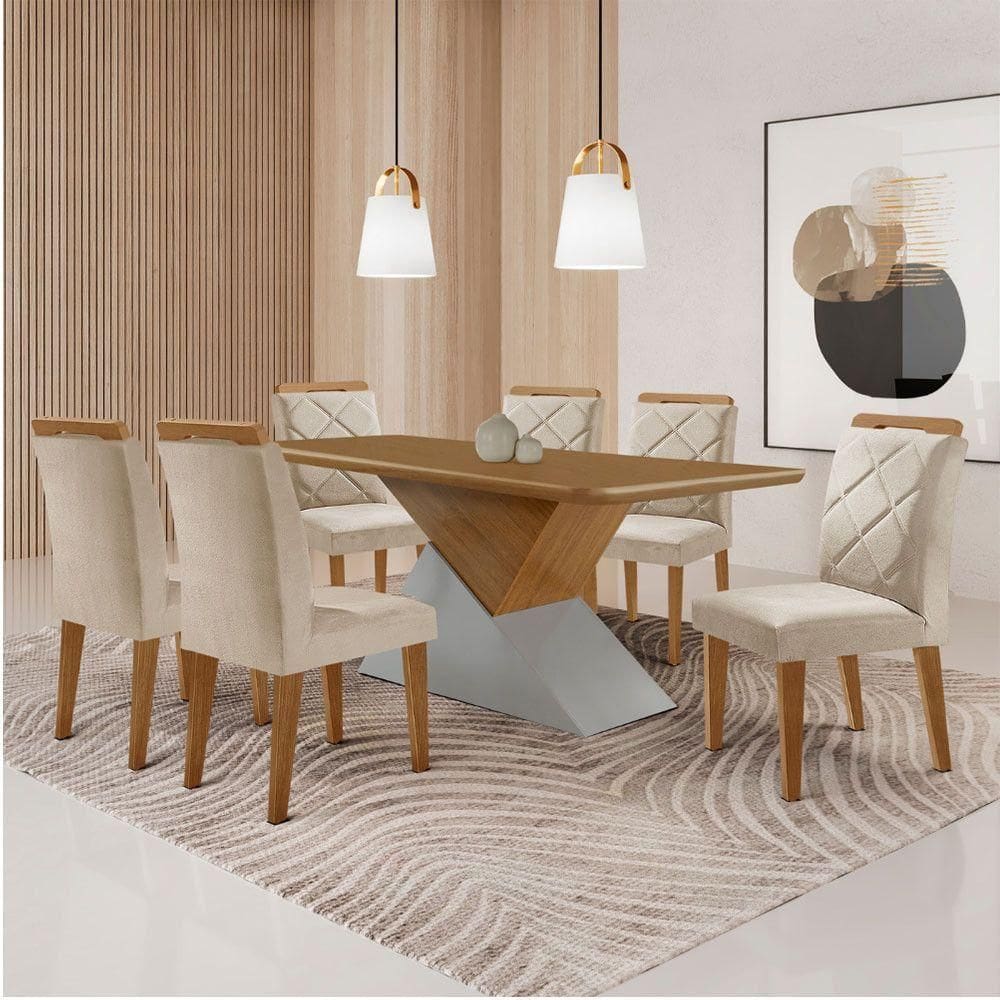 Mesa Sala De Jantar Aster 180cm E 6 Cadeiras Melissa Moderna Veludo Creme/off White/imbuia