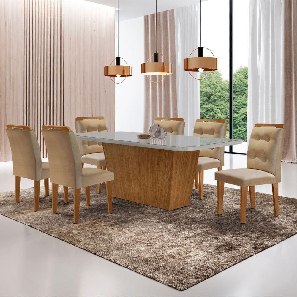 Mesa Para Sala De Jantar Aida 180cm Mdf E 6 Cadeiras Moderna Vel. Marrom/off White/imbuia