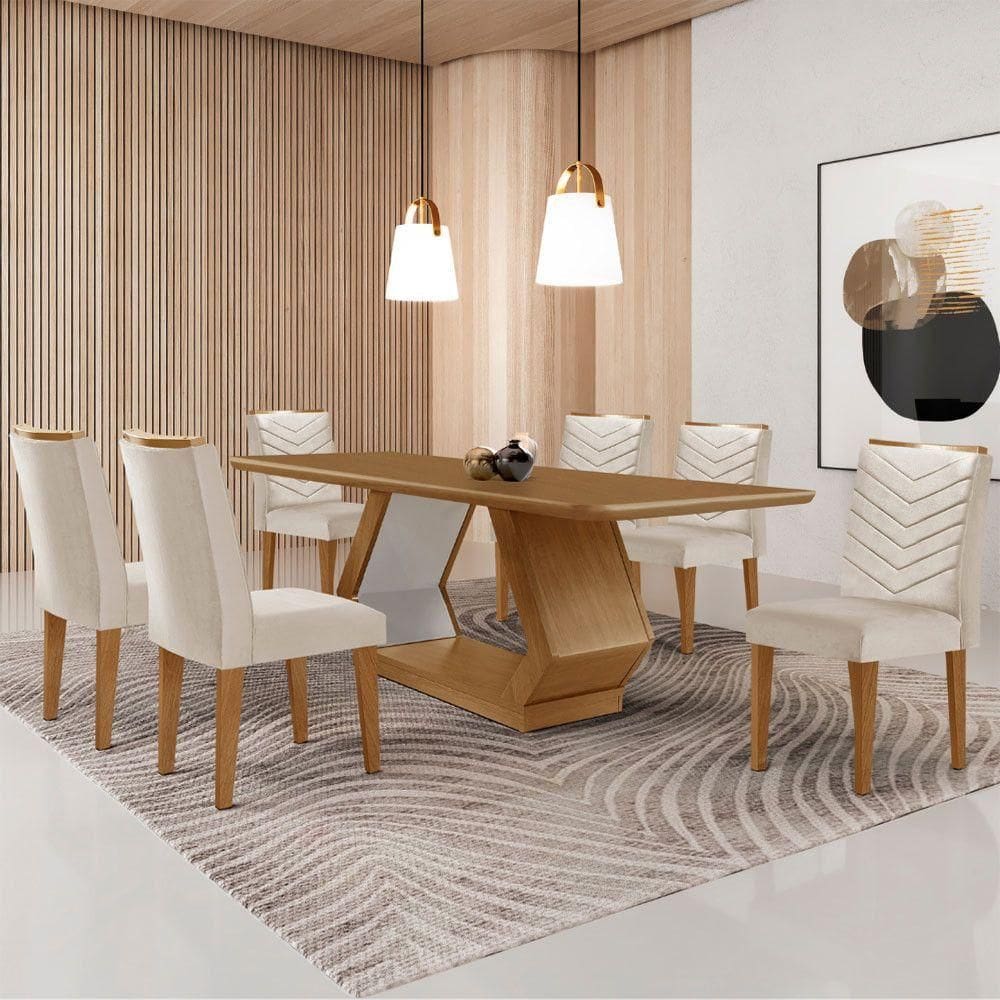 Mesa Sala De Jantar Alvorada 180cm E 6 Cadeiras Liz Moderna Veludo Creme/off White/imbuia