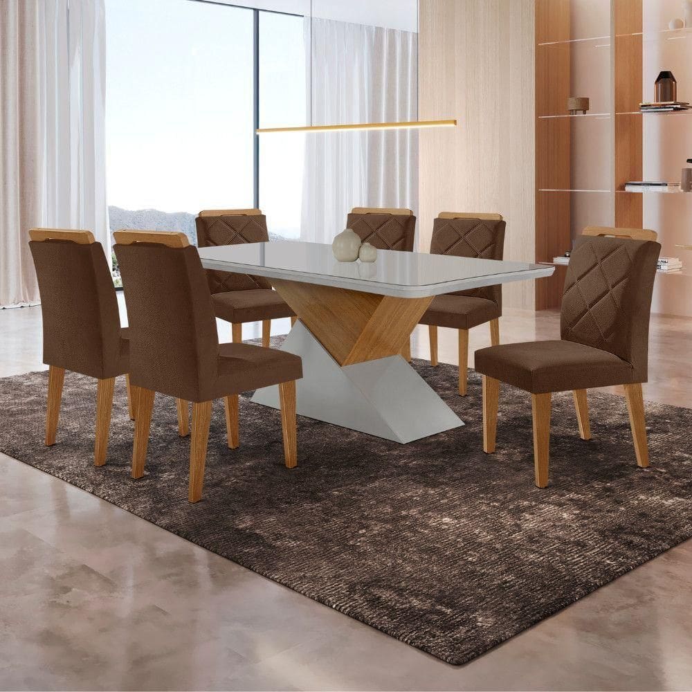 Mesa Sala De Jantar Aster 180cm E 6 Cadeiras Melissa Moderna Veludo Marrom/off White/imbuia