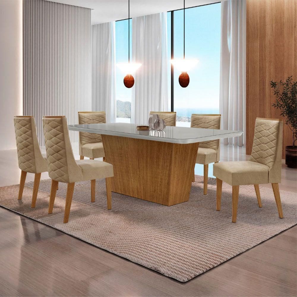 Mesa Sala De Jantar Aida 180cm E 6 Cadeiras Safira Moderna Veludo Capuccino Off White Imbuia