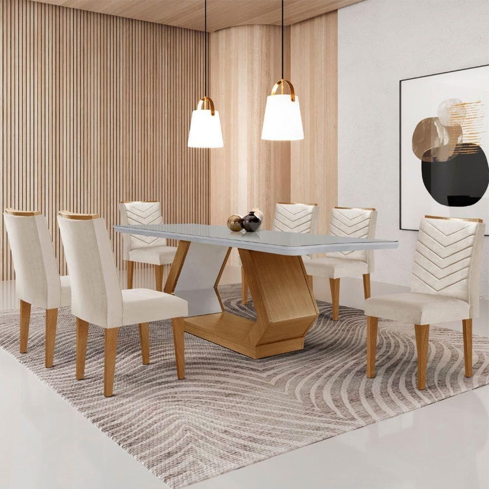 Mesa De Jantar Alvorada 180cm Com 6 Cadeiras Liz Moderna Veludo Creme/off White/imbuia