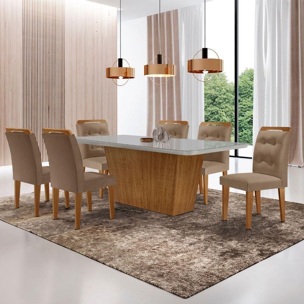 Mesa Para Sala De Jantar Aida 180cm Mdf E 6 Cadeiras Moderna Vel. Capuccino Off White Imbuia