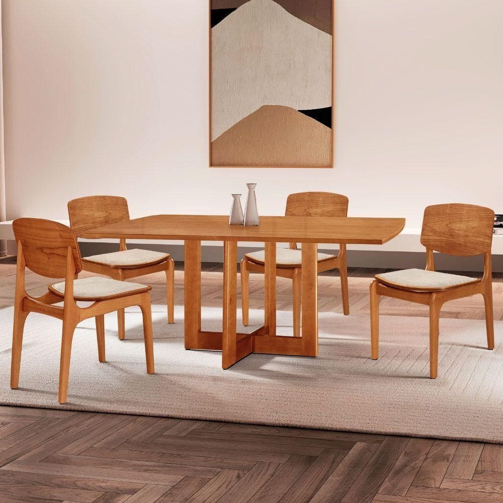 Mesa 120 Laminado Com 4 Cadeiras Malta Gold Moderna Mobília Linho Off White Imbuia