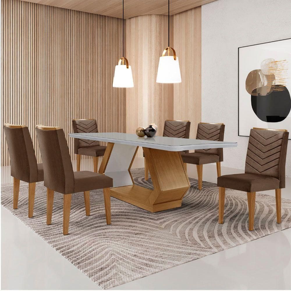 Mesa De Jantar Alvorada 180cm Com 6 Cadeiras Liz Moderna Veludo Marrom/off White/imbuia