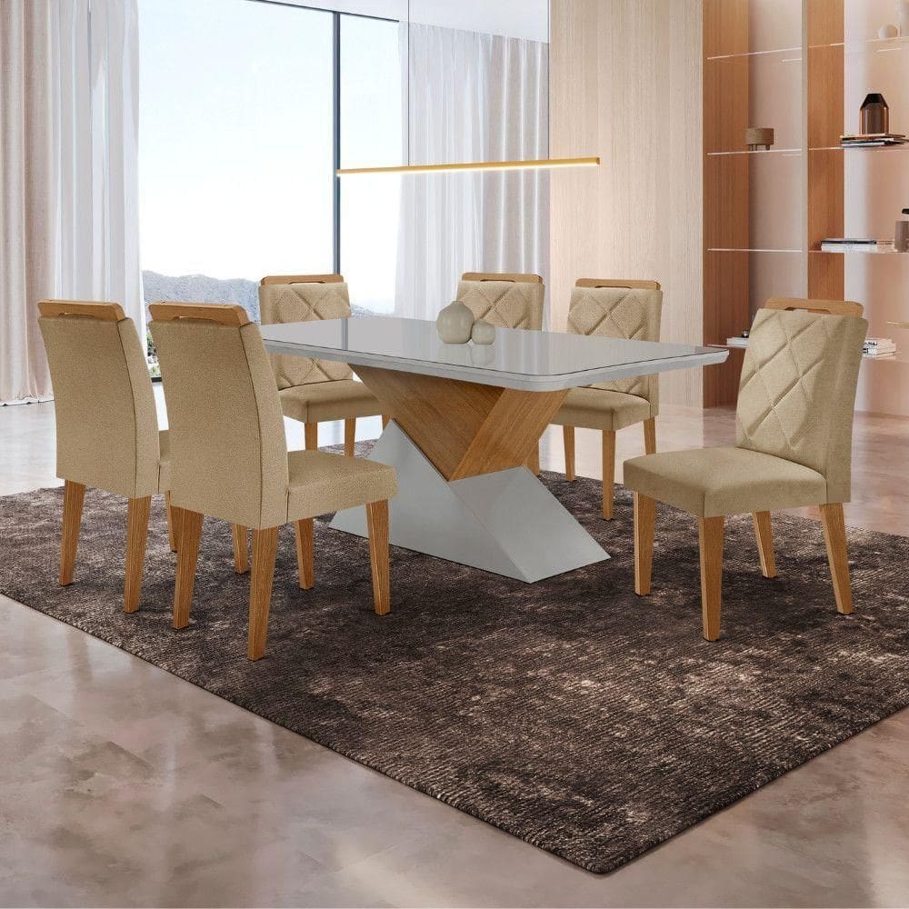 Mesa Sala De Jantar Aster 180cm E 6 Cadeiras Melissa Moderna Turim / Off White / Imbuia
