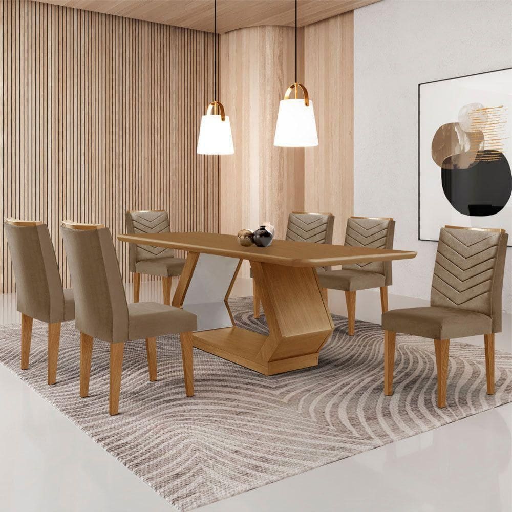 Mesa Sala De Jantar Alvorada 180cm E 6 Cadeiras Liz Moderna Vel. Capuccino Off White Imbuia