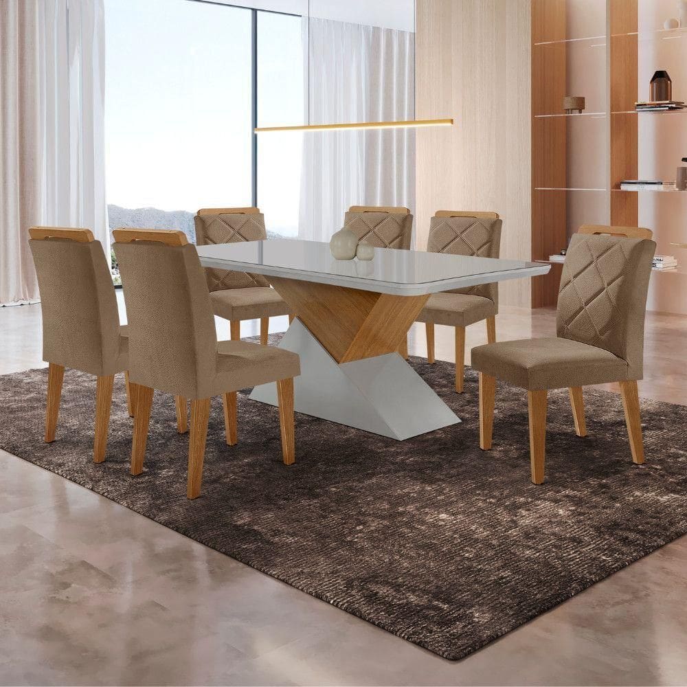 Mesa Sala De Jantar Aster 180cm E 6 Cadeiras Melissa Moderna Veludo Capuccino Off White Imbuia