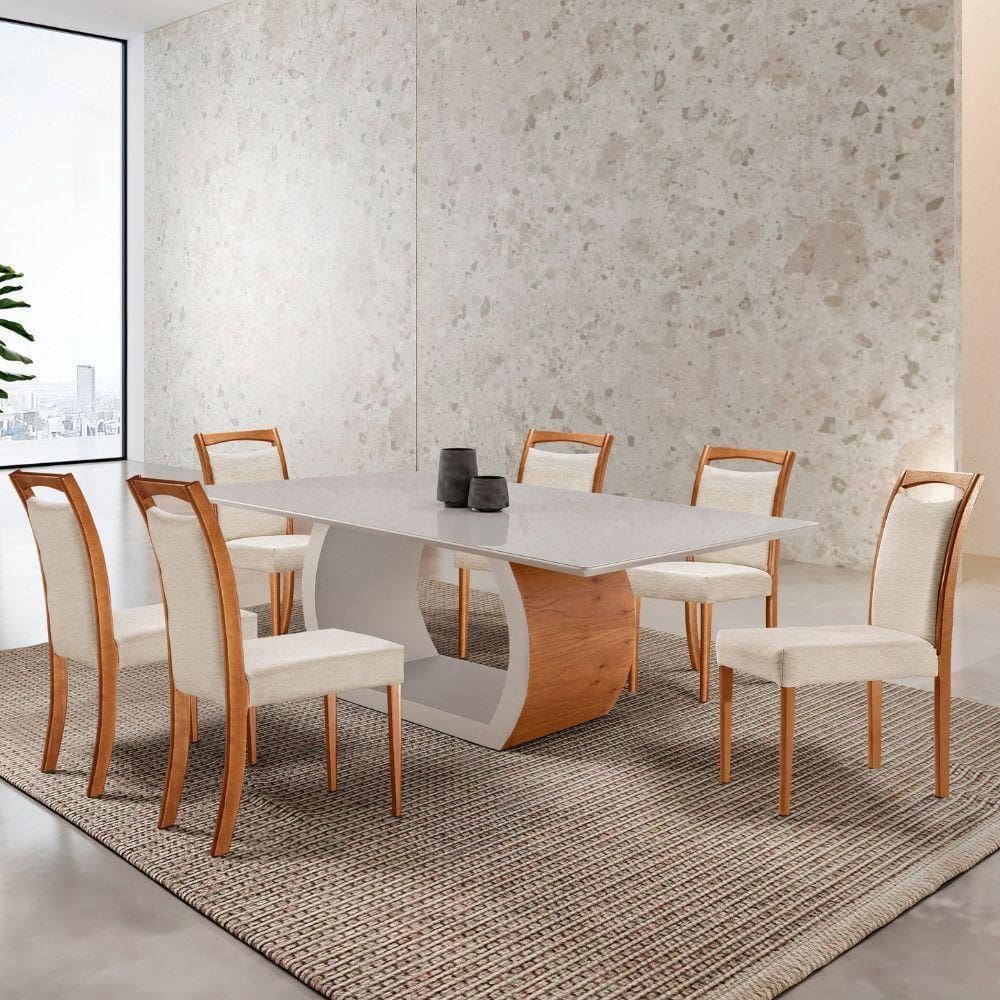 Mesa Zeus 180cm Tampo Com Vidro Laqueado Com 6 Cadeiras Linho Off White Imbuia Natural